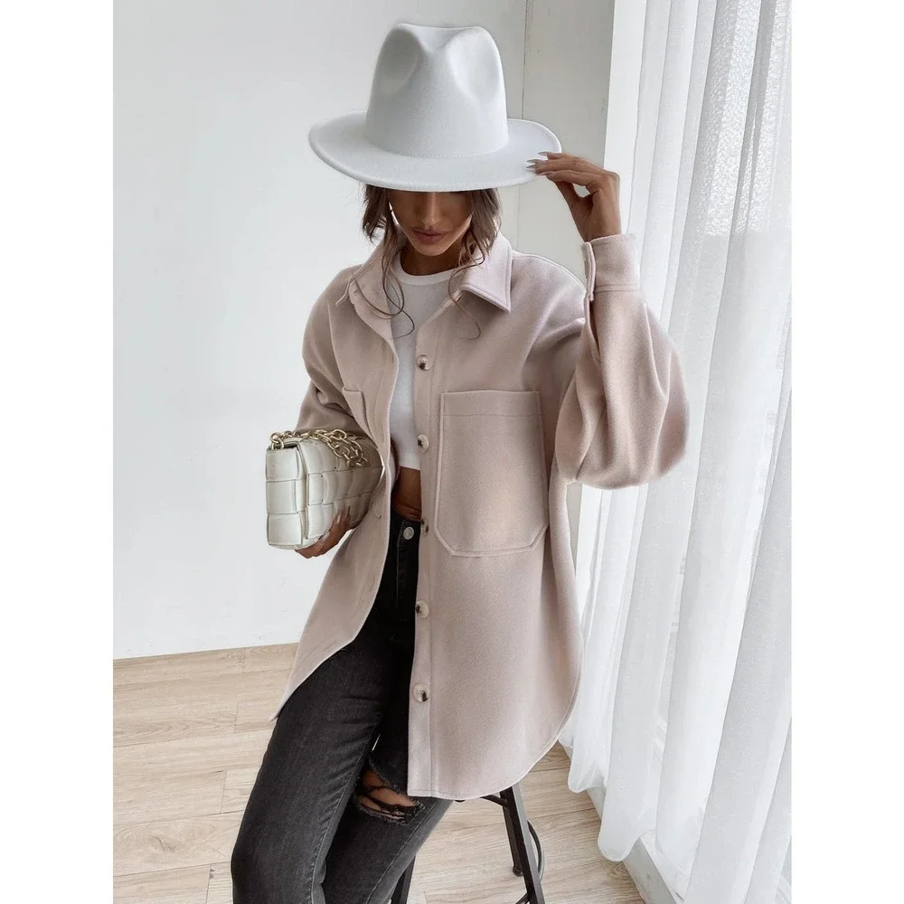 Drop Shoulder Pocket boyfriend shacket oversized jacket Coat cream tan - Picture 6 of 8